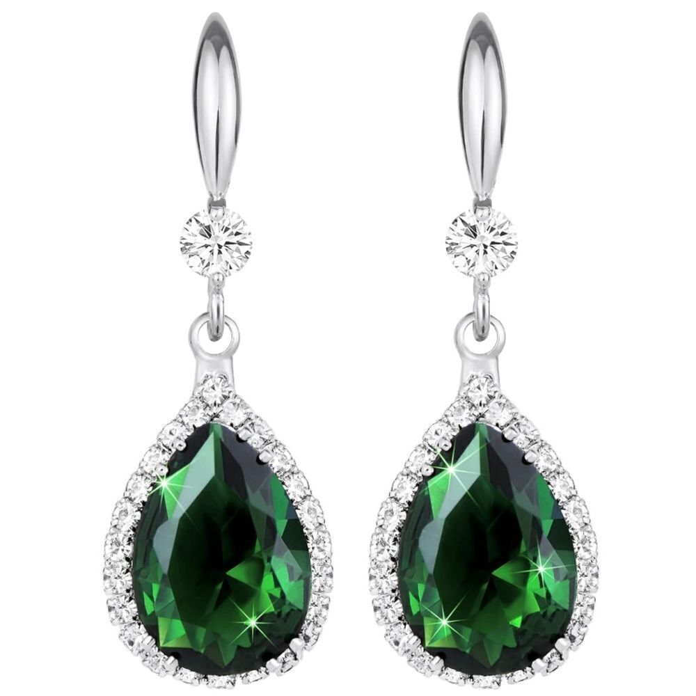 14K White Gold with Emerald Green Cubic Zirconia Teardrop Hook Dangle Earrings